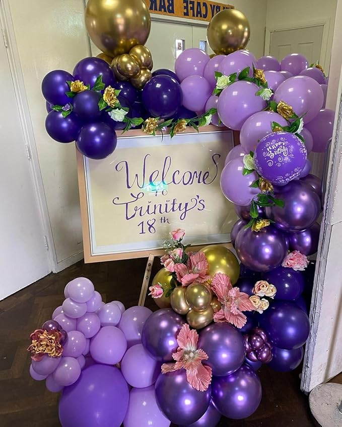 Purple and Gold Balloons Arch Kit, 140Pcs Dark Purple Metallic Gold Lavender Lilac Metallic Purple with Confetti Balloons for Baby Shower Girl Princess Party Women Birthday Wedding Decorations