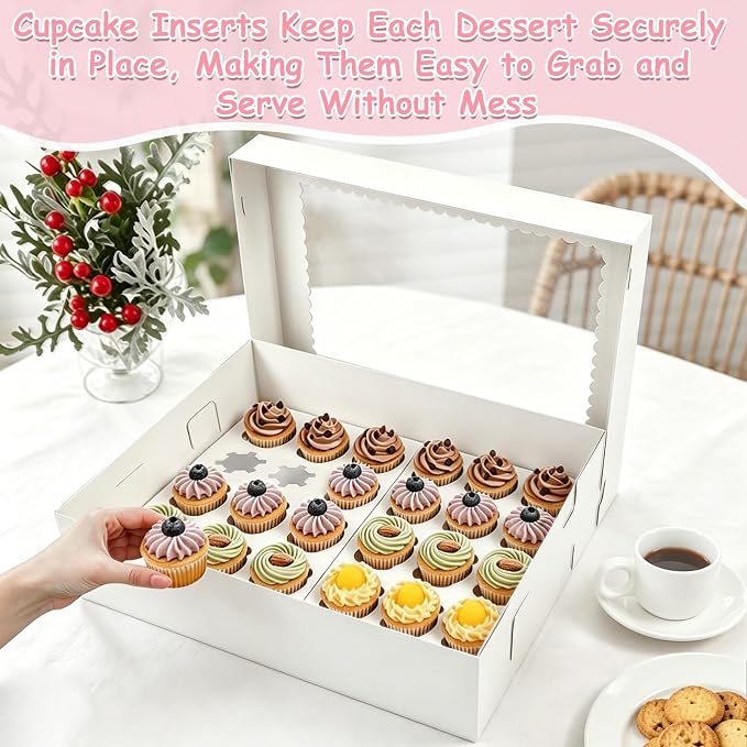 4 Pack White Cupcake Boxes with Cake Boards for 24 MINI Cupcakes, Food Grade Dessert Muffins Box Cupcake Carrier Containers with Window and Inserts for Birthday Holiday Party Bakery Supplies