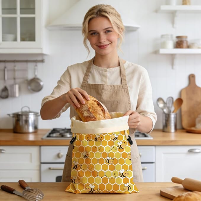 2 Pack Beeswax Bread Bags for Homemade Sourdough Bread, 17x13 Inch Reusable Linen Beeswax Bread Bag with Buckle to Keeps Bread Freshness for Food Storage(Cute Bee)