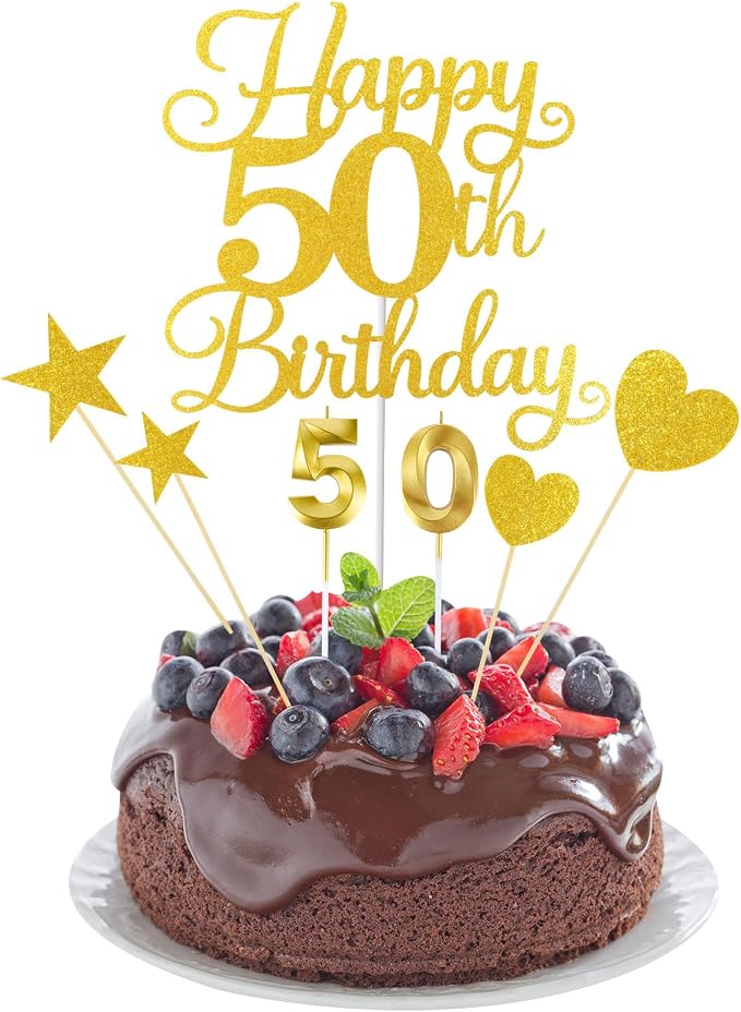 Happy 50th Birthday Cake Topper for 50th Birthday Decorations Numeral 50 Candle with Glitter Heart Cupcake Picks Set for Men Women Hello 50 Birthday Anniversary Party Cake Decor Supplies(GOLD)