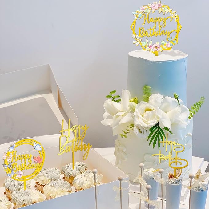 32 PCS Gold Happy Birthday Cake Toppers Flower Acrylic Birthday Cake Topper Cake Pick Decorations (Gold)