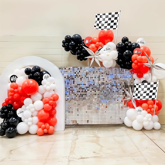 Race Car Balloon Arch Garland Kit, Red Black White Party Latex Balloons with Checkered Flags for Boy Racing Car Themed Birthday Party Decorations Baby Shower Transportation Backdrop Supplies