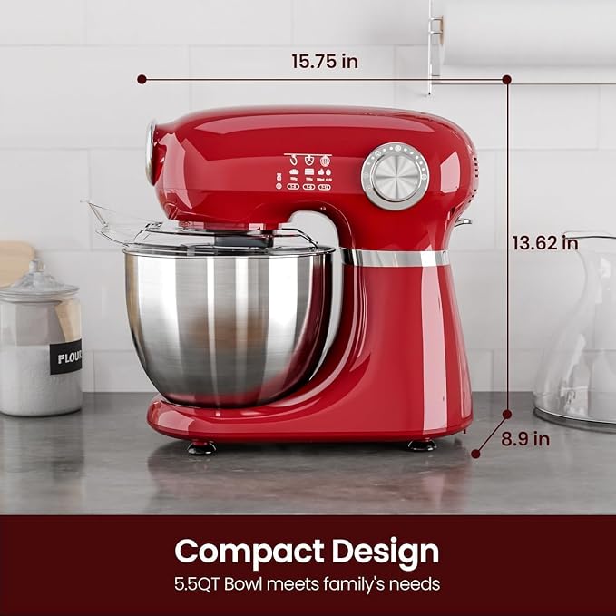 Kismile 5.5QT Tilt-Head Stand Mixer, 12-Speed Electric Mixer with 304 Stainless Steel Bowl - Includes Whisk, Dough Hook, Beater for Baking Bread, Cakes, Cookies(Red)
