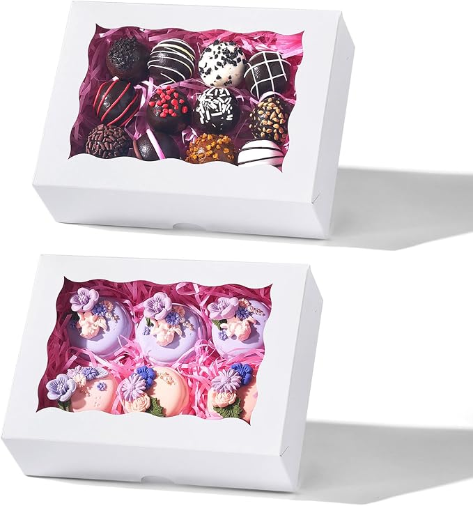 50 Pack 8x6x2.5 Inch White Bakery Boxes with Window, Pastry Box for Chocolate Strawberries, Macarons, Truffles, Ideal for Valentine's Day, Mother's Day, Christmas Party Favors & Holiday