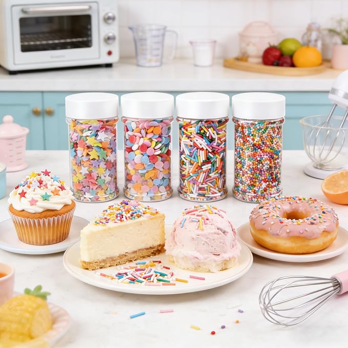 Rainbow Sprinkles Edible Dot Sprinkles, 11.3oz/320g Ice Cream Sprinkles with Nonpareils Star Confetti Jimmies, 4 Jars Colorful Set for Cakes Cupcakes Cookies