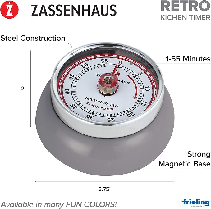 Zassenhaus Magnetic Retro 60 Minute Kitchen Timer, 2.75-Inch, Cool Gray