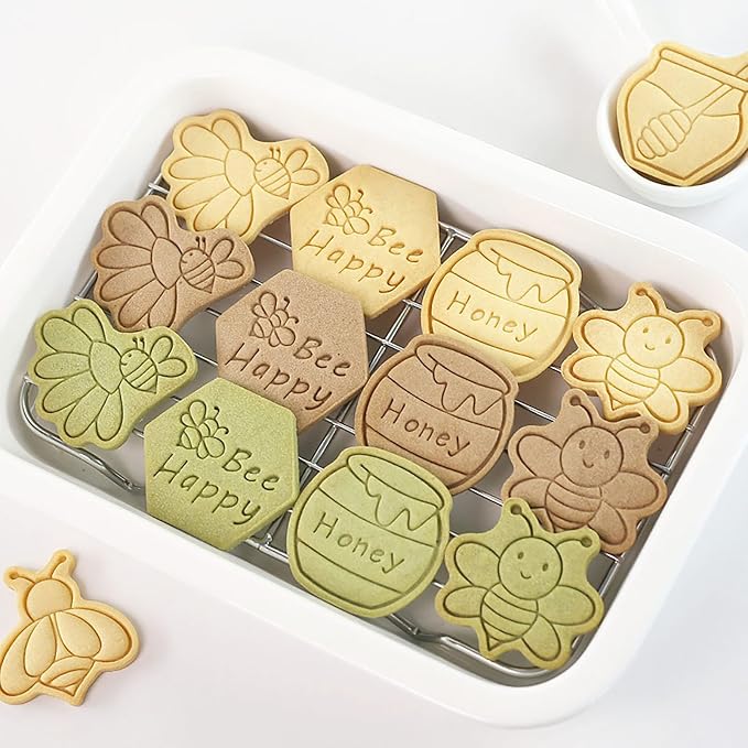Bee Cookie Cutters with Cookie Stamps 8 Pcs Honeycomb Fondant Cheese Baking Molds for Honey Bees Party Decoration (Honeycomb)