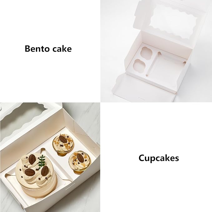 6 Sets Bento Cake Box with Cupcakes, Mini Cake and Cupcake Box with 2 Cupcakes and Tiered Mini Cake