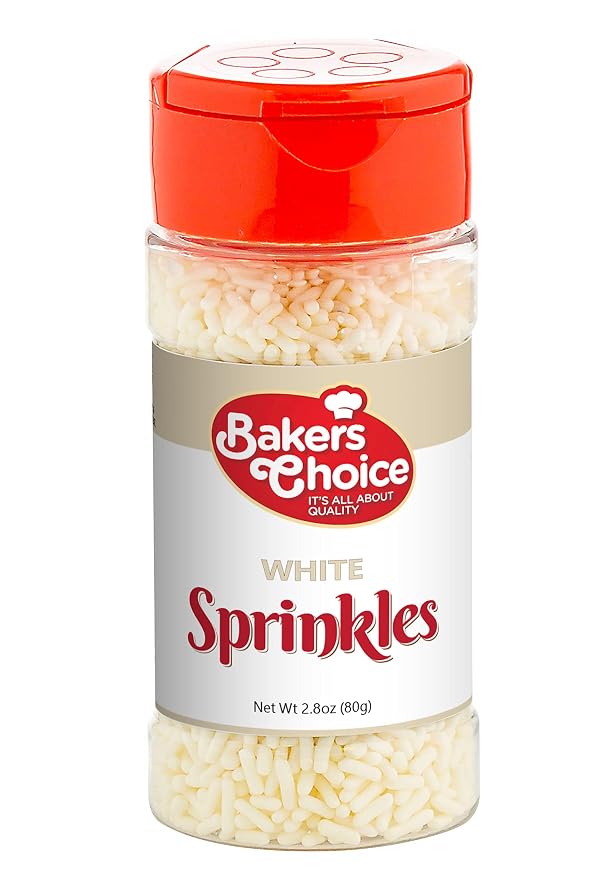 Bakers Choice White Sprinkles for Baking - Jimmies Sprinkles for Ice Cream Toppings - Dairy Free, Kosher 2.8 oz.