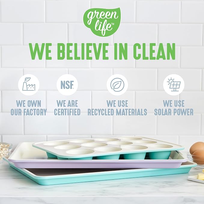 GreenLife 12-Cup Muffin Pan, PFAS-Free Healthy Nonstick Baking Tray, 11.4" x 1.9" x 15.9", Durable Ceramic Bakeware, Cupcakes, Egg Bites, Tarts, Brownies, Blue Haze