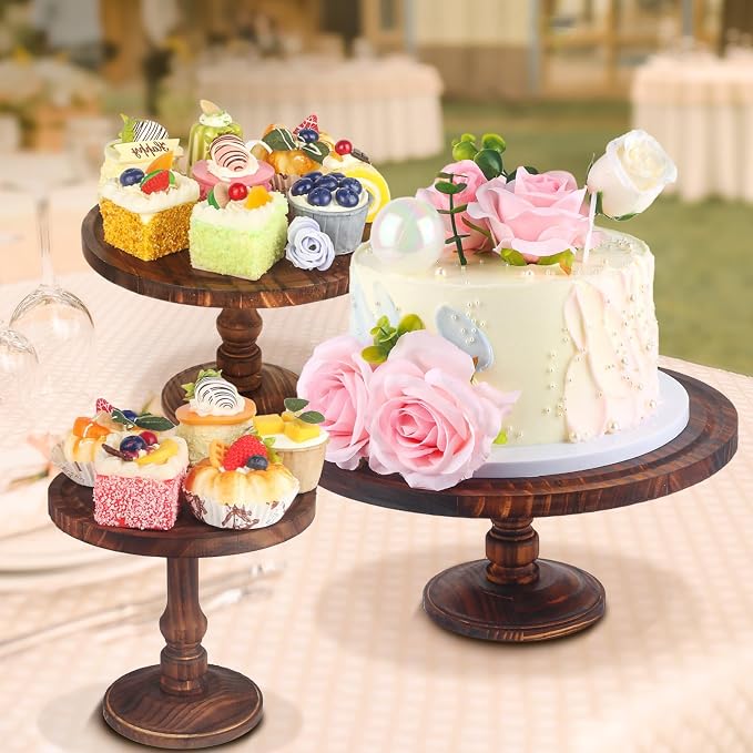 Wisreach Rustic Wooden Cake Stand Set of 3 — Farmhouse Tiered Cupcake Display, Dessert Pedestals & Serving Trays for Weddings, Birthdays, and Parties
