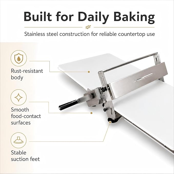 Manual Dough Sheeter Machine for Croissants & Pastry – Foldable Countertop Dough Roller Machine with 55 Thickness Settings (0–27mm), Stainless Steel Rollers for Home & Small-Batch Bakeries