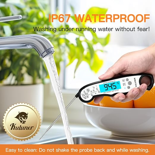 KULUNER Instant Read Food Thermometer, White Waterproof Digital Meat Thermometer with 4.6" Folding Probe, Backlight & Calibration, 2-3s Fast Reading for Kitchen Baking Grilling Cooking - White