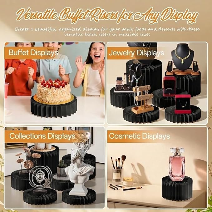 6 Pcs Buffet Risers Food Display Risers with Mini Sign, Buffet Table Risers Display Stands Cake Stand Cylinder Stands for Party Dessert Jewelry Collectibles (Black)