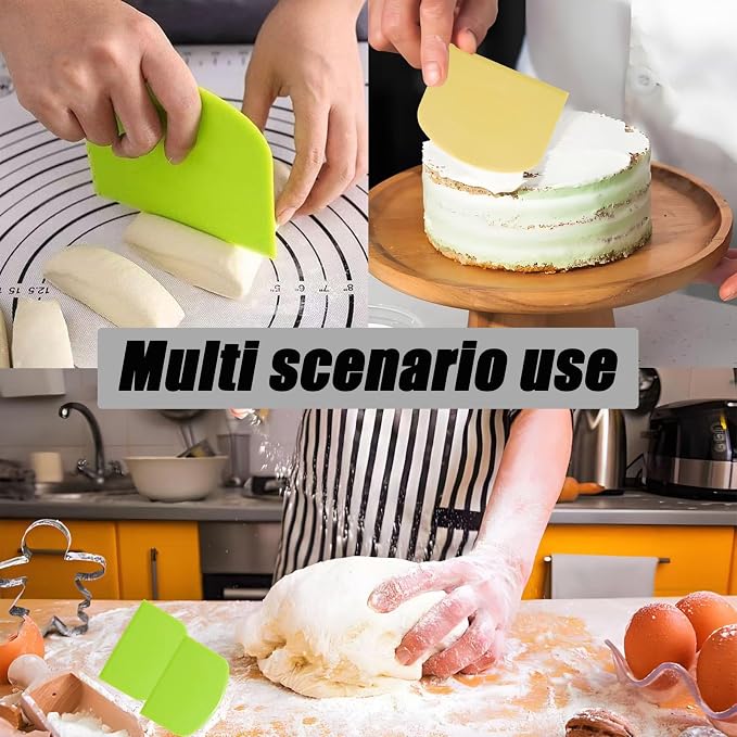 3 Pcs Flexible Dough Scraper, Plastic Bowl Scraper Sharp Edge & Angles Cake Scraper, Non-Slip Bakeware Tools for Baking/Home Bakers (2 Green 1 Yellow)