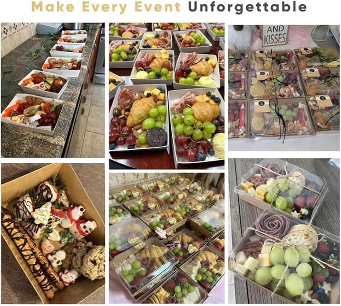 Leafiew 50 Pack 7x5 Inches Charcuterie Boxes with Clear Lids - Individual To Go Paper Charcuterie Board with Lid, Disposable Food Containers for Desserts, Cookie, Food, Charcuterie Accessories,White