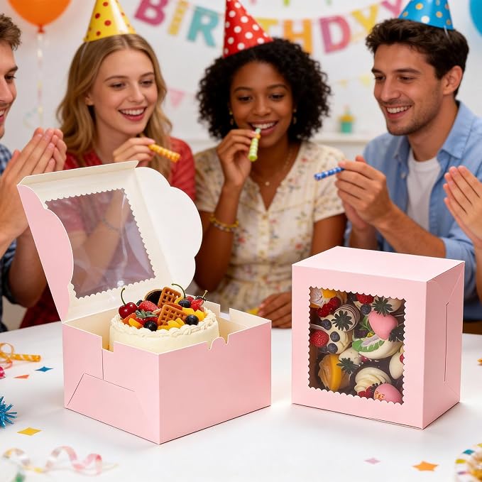 COTOPHER 50 Pcs Cake Boxes 8 Inch, 8x8x5 Inches Cake Containers (25 Boxes & 25 Boards), Pink Bakery Boxes with Windown for Cookies, Desserts, Cupcake, Pastries, Birthday, Wedding, Mother's Day