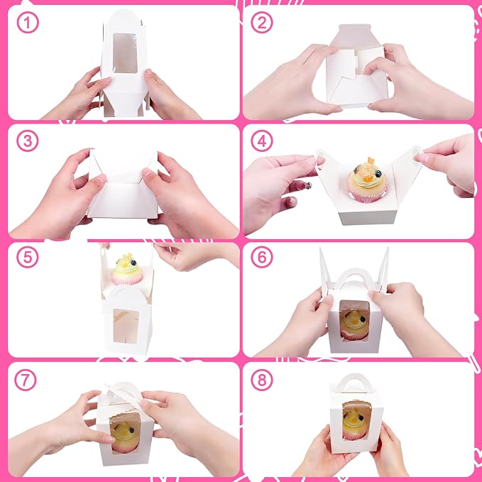 100 Pack Individual Cupcake Boxes, Single Cupcake Containers with Window, Inserts and Handle, White Cupcake Boxes for Muffins, Cupcakes, Donuts, 3.6 x 3.6 x 4.3 Inch