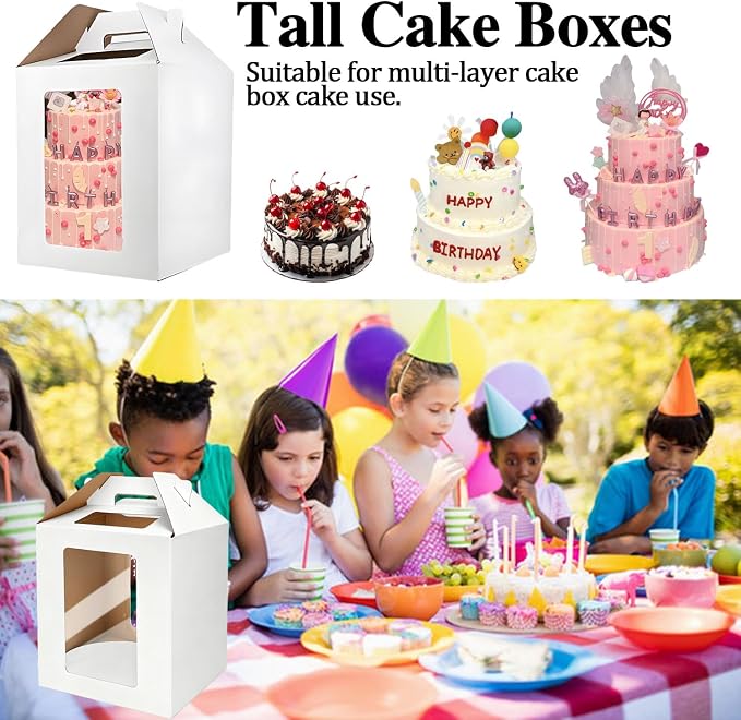 Cake Boxes - 2 Pack Tall Cake Box 12x12x14 Inch Disposable Layer Carrier with Window Large Tierd Cake Out Transport Containers with Handle for Wedding, Birthday, Party (White)