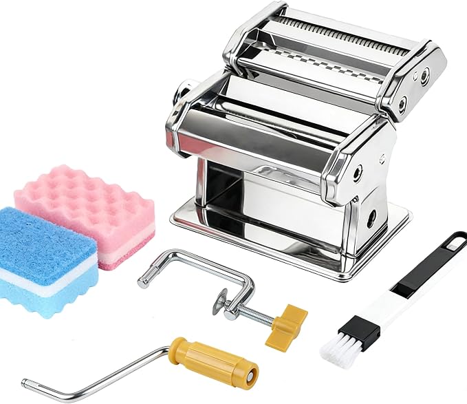 Pasta Maker Machine With 7 Adjustable Thickness Settings, Stainless Steel Manual Noodle Maker,Pasta Roller& Cutters With Removable Handle and Clamp For Kitchen (G-1380+Brush + Sponge)