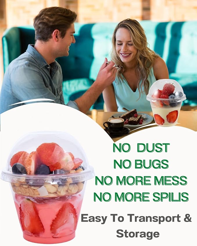 50 Sets 9 oz Clear Plastic Cups with Insert & Dome Lids(NO HOLE) - Disposable Parfait Cups with Lids for Fruit Yogurt Smoothie Iced Cold Drinks Dips and Veggies, No Leaking
