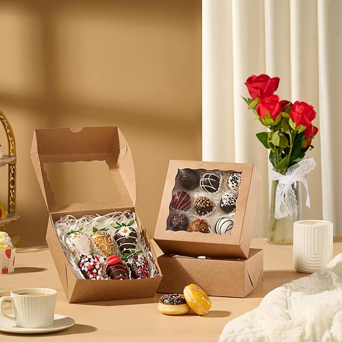 TEMLQPACK 50pcs Cookie Boxes with Window, 6x6x2.5in Brown Bakery Boxes for Treats, Small Cake, Desserts, Donuts, Pastry