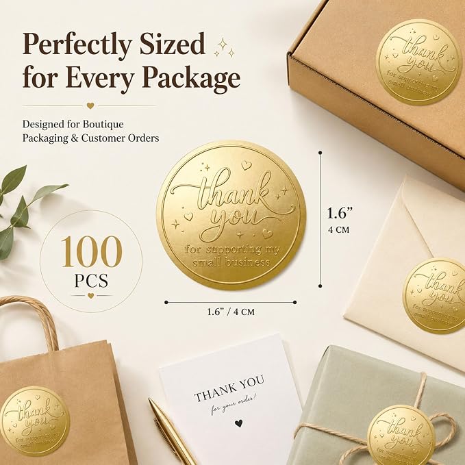 100PCS Thank You for Supporting My Small Business Stickers,Matt Gold Foil Labels for Boutique Packaging, Bakery Boxes, Dessert Treat Bags, Shipping Mailers, Handmade Sellers & Small Shops.1.6 inch