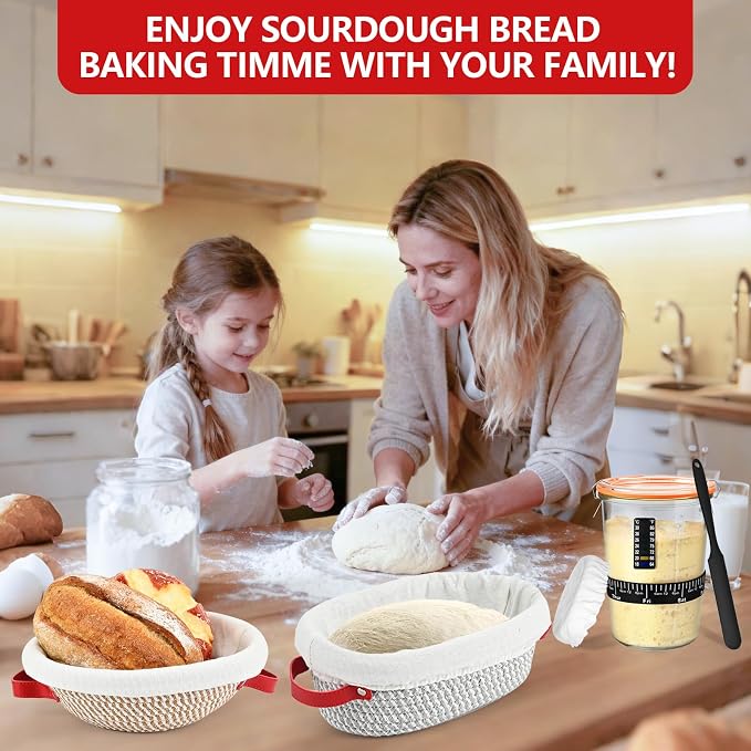 Sourdough Starter Kit, Bread Baking Supplies with Sourdough Jar 9" Round & 10" Oval Proofing Basket Magnetic Bread Lame Resuable Bread Bag, Breads Making Kit Sour dough Gifts for Bakers Women Wife Mom