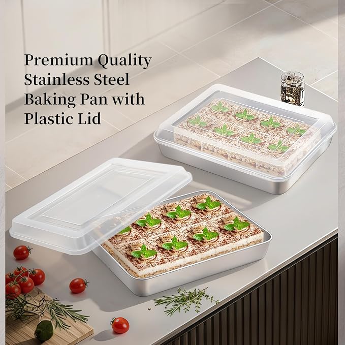 GIUOIDUO Premium Stainless Steel Baking Pan with Lid (2 Pack) – Rectangular Cake Pan, Heavy Duty Metal Bakeware for Lasagna, Brownie, Food Storage Container, Dishwasher Safe & Non-Toxic