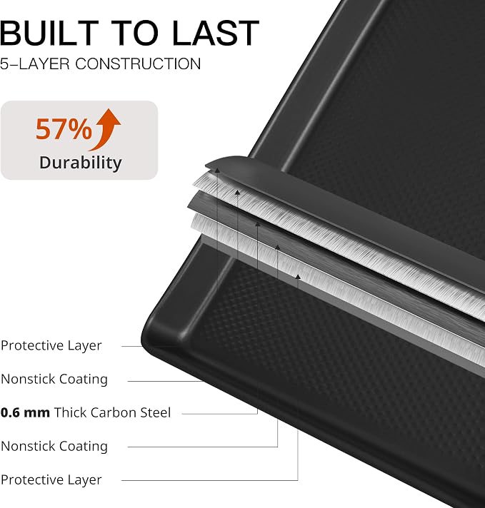 HONGBAKE Jelly Roll Pan 15x10, Cookie Sheets for Baking with Diamond Texture, Baking Sheets Non Stick, Non Toxic Oven Trays for Cooking, Heavy Duty 57% Thicker Carbon Steel, Dark Gray