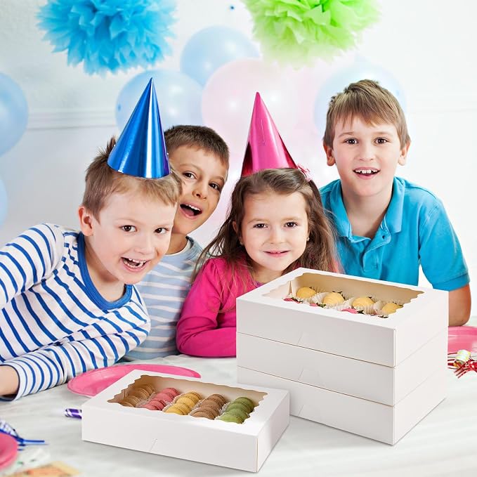 30 Pack Auto Pop-up Cookie Boxes with Window, 12" x 8" x 2.5", White | Bakery Treat Boxes, For Chocolate Covered Strawberries, Cake Pops, Donuts, Cocoa Bombs, Sugar Cookies, Pastries
