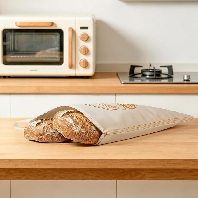 Beeswax Bread Bag Set of 2, 12.6"x17" Sourdough Bread Storage, Reusable Linen Bags with Wide Zipper Freezer Safe for Homemade Artisan Loaves