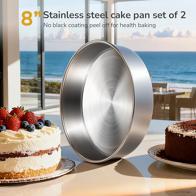 8 inch Cake Pans, Round Baking Layer Cake Pan Set of 2, Stainless Steel Mirror Finish & Dishwasher Safe for Birthday, Party, Wedding
