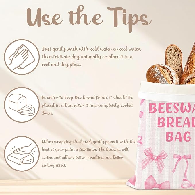 2 Pack Beeswax Bread Bag for Homemade Bread, Reusable Natural Beeswax Storage Bag, Pink Bow Decoration, Reusable Linen, Food Storage Cloth Bag with Buckle, Home Portable Supplies 13 * 17IN