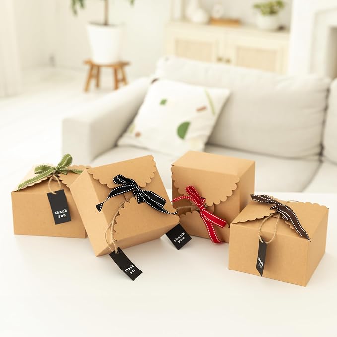 Brown Kraft Cookie Boxes with Ribbons & Tags (20 Pack) 5.8” x 3.7” Small Craft Gift Boxes for Baked Goods, Candy, Treats, Chocolate, Fudge, Christmas, Decorative Food Packaging, Empty, Bulk, Square