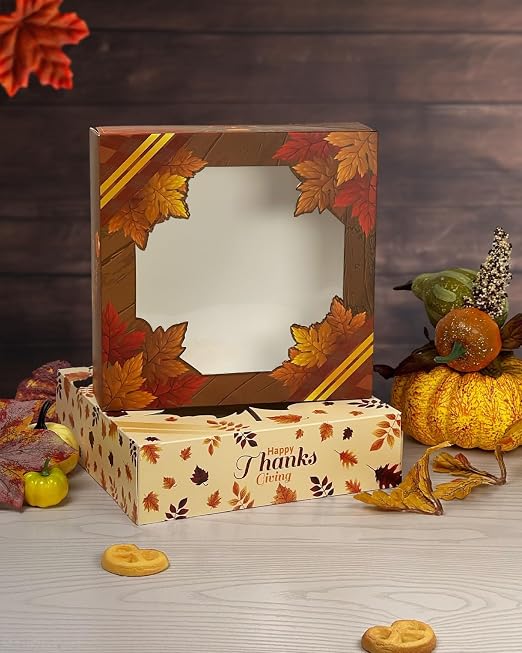 qiqee Thanksgiving Cookie Boxes with Window Autumn Maple Leaf Treat Boxes Bakery Pastry Box Auto-pop up 30pcs 8x8x2.5 Inch For Fall Harvest, Wedding, Thanksgiving Party Supplies