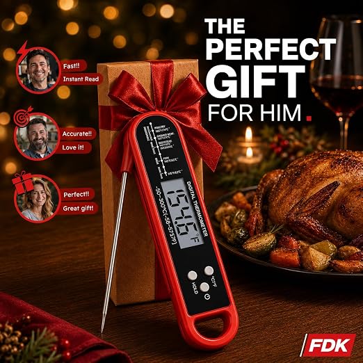FDK Digital Meat Thermometer for Cooking and Grilling - Instant Read Food Thermometer with IP67 Waterproof, Strong Magnet and Calibration-Professional Kitchen BBQ Probe for Turkey, Steak, Men/Dad Gift