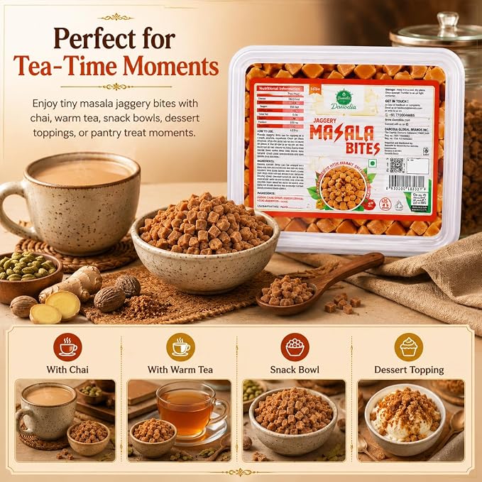 Danodia Foods Masala Jaggery Bites, Cane Gur Sweetener, 1 lb, Pantry Snack | Snackable spiced gur pieces and cane sweetener for chai, tea, coffee, desserts and pantry use; no preservatives used; recipes