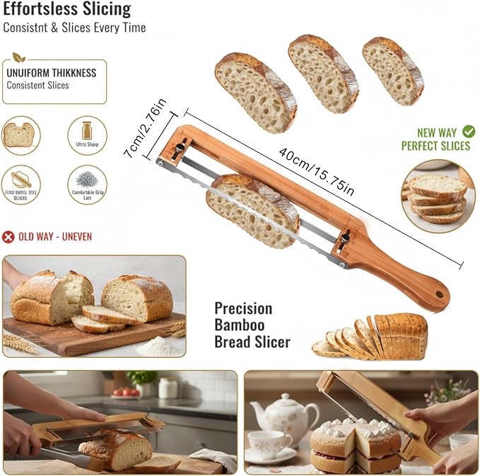 Adjustable Bread Knife for Homemade Bread, Precise Cutting Sourdough Bread, Serrated Blade Stainless, Manual Bow Design with Thickness Guide Sourdough Bread Slicer, Ideal Gift for Baker