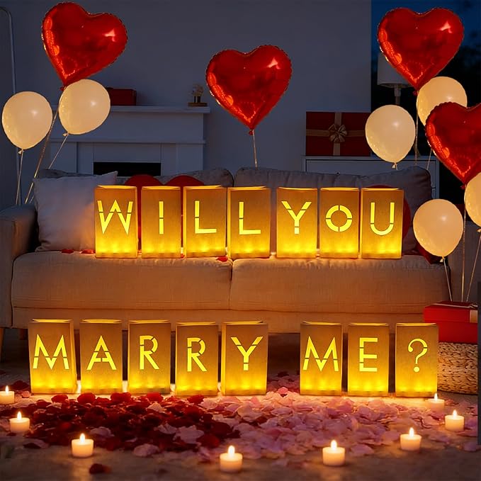 Will You Marry Me Light Up Letters, Paper Luminary Bags with LED Flameless Candles Fake Rose Petals Latex Foil Balloons for Girlfriend Women Valentines' Day Anniversary Proposal Decorations