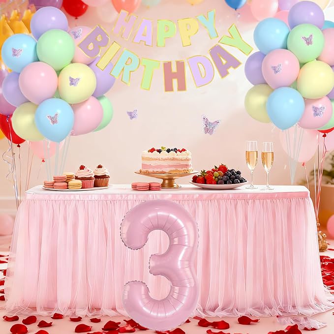 Pastel 3rd Birthday Decorations for Girls -12 inch Pastel Balloons, 40 Inch Pink 3 Balloons, 3D Butterflies Stickers, Happy Birthday Banner For Baby Girl 3 Year Old Birthday Decorations Girl