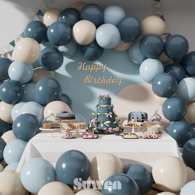 SUWEN Dusty Blue Balloons 60Pcs,12 inch Light Blue and Sand White Latex Balloons for Birthday Gender Reveal Party Decorations