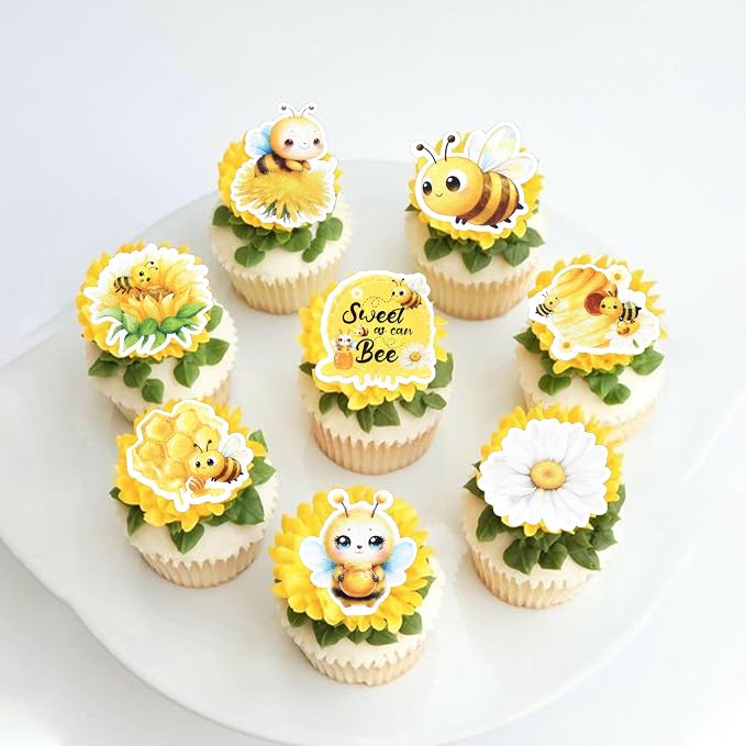 63 PCS Edible Bumble Bee Cupcake Toppers Wafer Paper Sunflower Bees Candy Oh Babee Cupcake Picks Edible Daisy Honey Bee Cake Decorations for Baby Shower Kids Birthday Party Cake Decorations Supplies