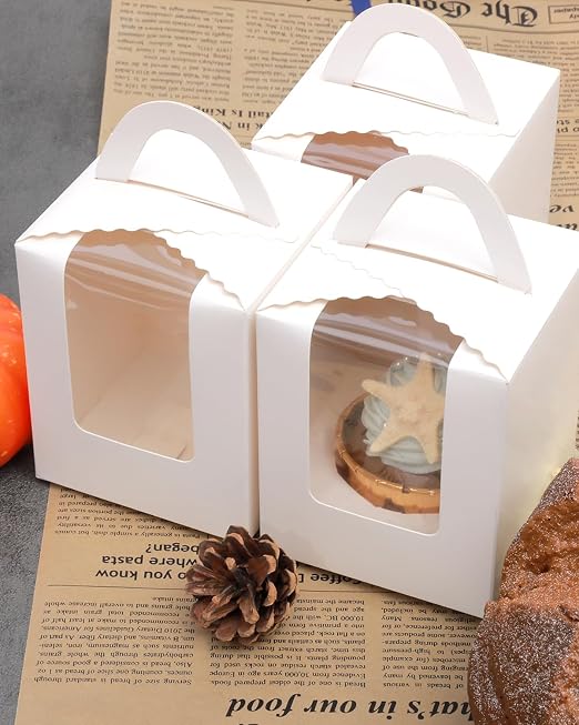 qiqee Auto-pop White Cupcake Boxes Individual Disposable 3.7x3.7x4.5inch 100pcs Cupcake Disposable Single Box with Window