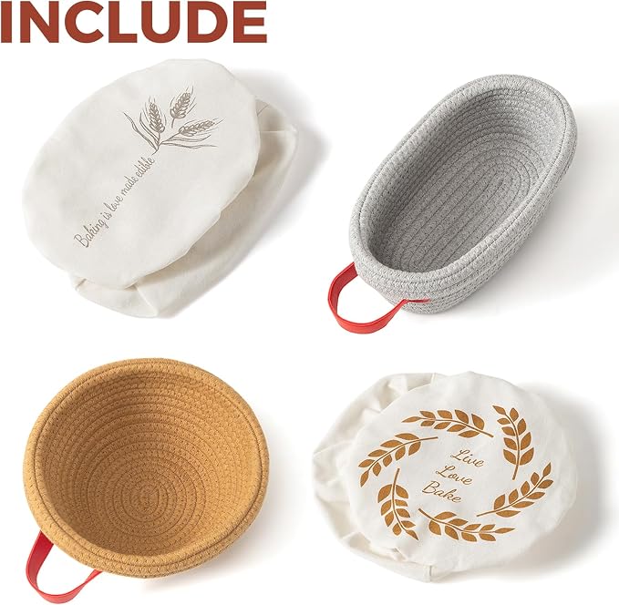 Banneton Bread Proofing Basket Set, 10" Oval & 9" Round Cotton Rope Proofing Baskets with Liners & Covers, Sourdough Bread Baking Supplies