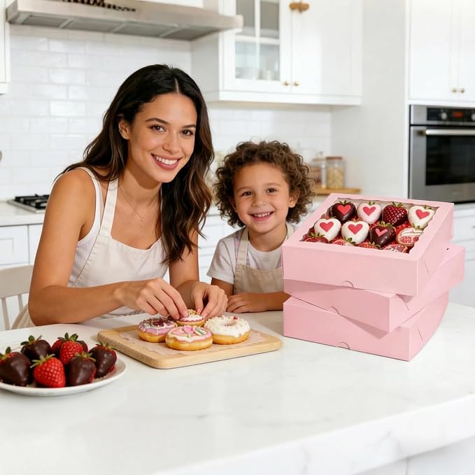 TEMLQPACK 50 Pack 9"x9"x2.5" Pie Boxes Pink Bakery Boxes with Window, Pie, Cookies, Chocolate Covered Strawberries, Breakable Heart, Charcuterie Boxes for Christmas