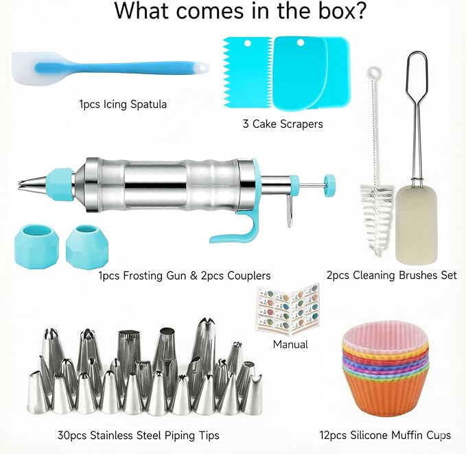 Dessert Decorating Syringe Set, Frosting Piping Kit, Blue | Icing Piping Kit, Stainless Steel, 30 Piping Icing Nozzles, Cake Decorating Tools