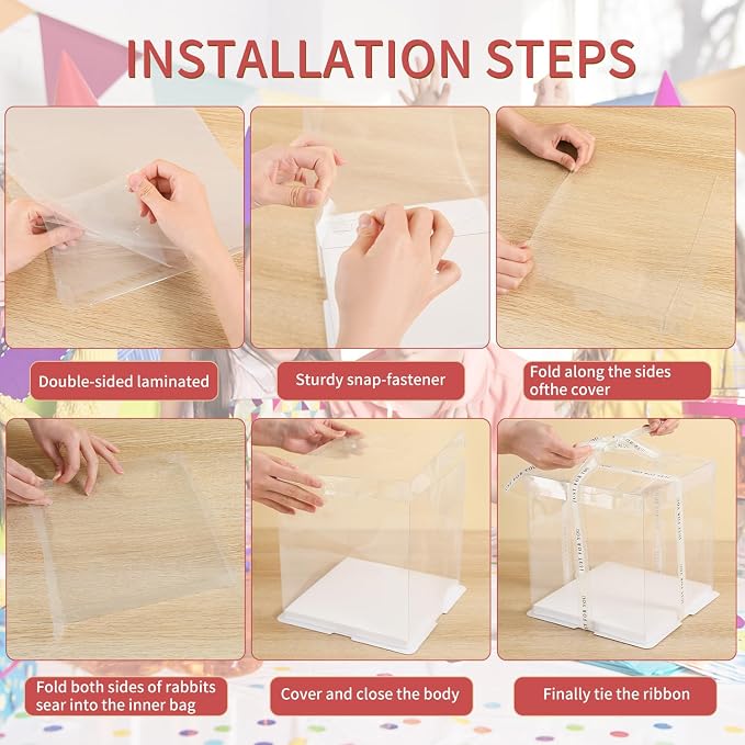 JCD 6 Packs Clear Cake Box with Ribbon, 2-Layer Tall Cake Packaging Boxes 9x9x10 Inch,Portable Tall Layer Bakery Box for Wedding Birthday Anniversary Baking Display Pack (Clear Lid, 9inch/6pcs)