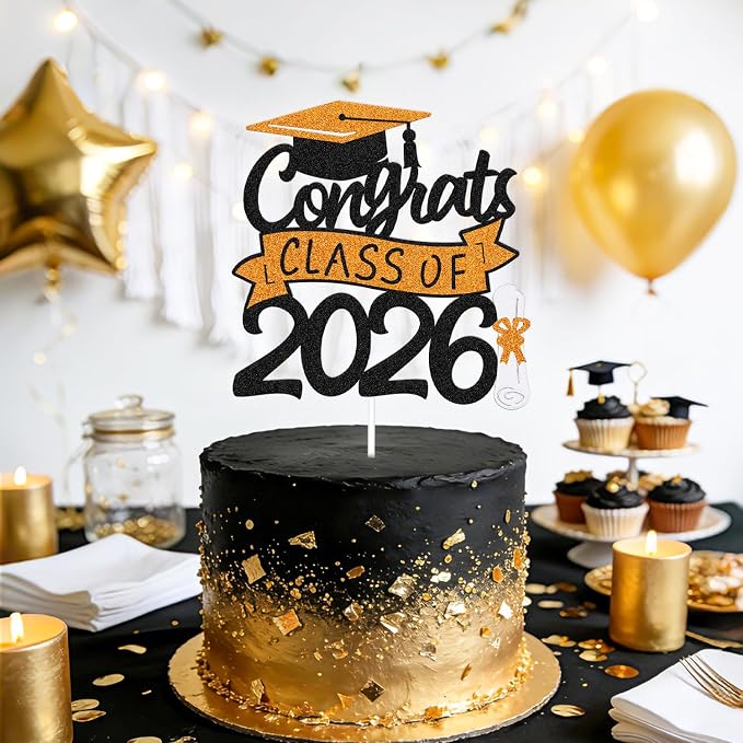 Congrats Class of 2026 Cake Topper Congrats Grad Cap Diploma Theme for High School Happy Graduation Party Supplies College Graduate Decoration (Orange)