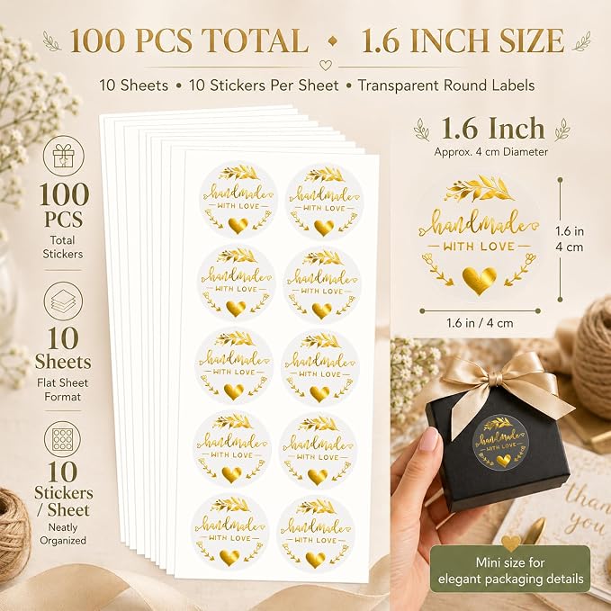 100PCS Handmade with Love Stickers, Transparent Gold Foil Labels for Boutique Small Business Packaging, Elegant Gift Wrapping Seals for Candle Bakery Soap Handmade Orders, 1.6"